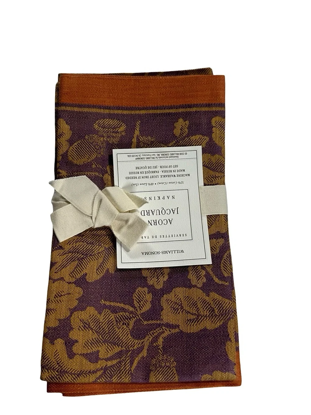 Williams Sonoma Acorn Jacquard Cotton Linen Napkins Set of 4 Purple Gold NOS